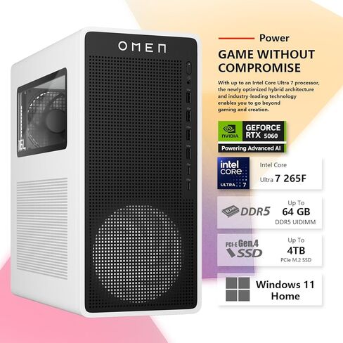 كمبيوتر مكتبي للألعاب HP OMEN 16L TG03، Intel Ultra 7 265F، NVIDIA RTX 5060، ذاكرة الوصول العشوائي DDR5 سعة 32 جيجابايت، SSD 1 تيرابايت، جهاز كمبيوتر محطة عمل AI-Ready للألعاب وإنتاج الموسيقى، حزمة مع لوحة مفاتيح Thunderobot in Kuwait