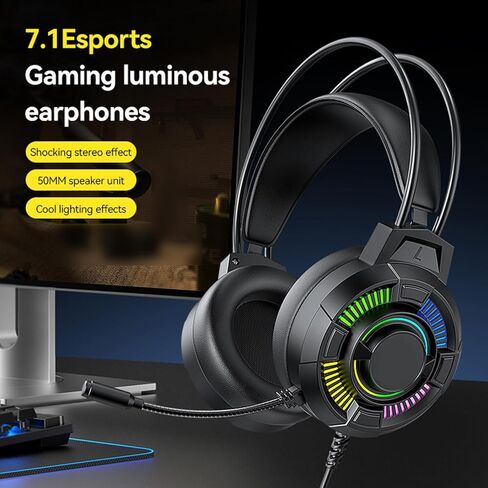 USB Wired Gaming Headset, RGB Lighting Gaming Headphones with 7.1 Surround Sound, 50mm Drivers, Over Ear Comfort, Lightweight, for PC in Saudi Arabia