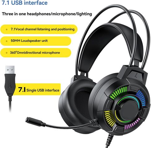 USB Wired Gaming Headset, RGB Lighting Gaming Headphones with 7.1 Surround Sound, 50mm Drivers, Over Ear Comfort, Lightweight, for PC in Saudi Arabia