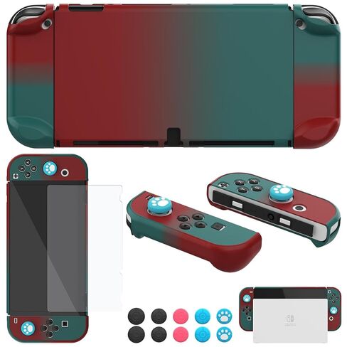 حافظة COMCOOL قابلة للإرساء لجهاز Nintendo Switch Oled - [حماية من السقوط من الدرجة العسكرية بطول 9 أقدام] [مع واقي شاشة من الزجاج المقسى ومقابض الإبهام] غطاء واقٍ لجهاز Nintendo Switch Oled - أحمر متوسط ​​أخضر in Kuwait