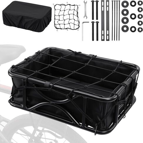 Bike Basket Rear, Folding Rear Bicycle Basket with Liner Bag, Waterproof Cover & Cargo Net, 56lbs Capacity for Adult Bikes Carrying Dogs, Pets, Fruit & Grocery in Saudi Arabia