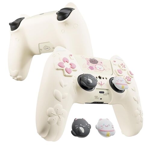 PlayVital for PS5 Controller Cover Skin - Cherry Blossoms Kitten Anti-slip Grip Skin with Thumb Grip & Sticker - Soft Rubber Protector for PS5 Controller Accessories - Pink in Saudi Arabia