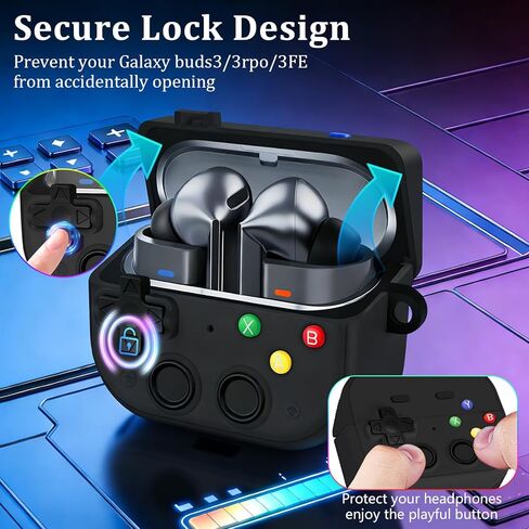 Compatible with Samsung Galaxy Buds 3 FE (2025) / Buds3 Pro (2024) / Buds 3 (2024) Classic Cool Funny Game Case Shock-Proof Protective Silicone with Secure Lock Clip - Black in Saudi Arabia