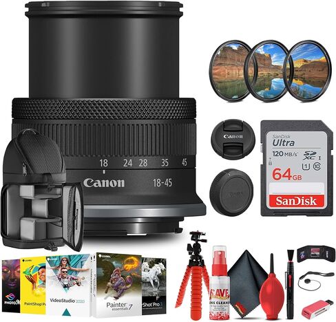 عدسة Canon RF-S مقاس 18-45 مم f/4.5-6.3 هي عدسة STM (فضية) مع بطاقة سعة 64 جيجابايت + برنامج صور + حامل ثلاثي مرن + مجموعة مرشح + محفظة بطاقات + حقيبة ظهر + طقم تنظيف + قارئ بطاقات + حافظة للغطاء (متجددة) in Kuwait