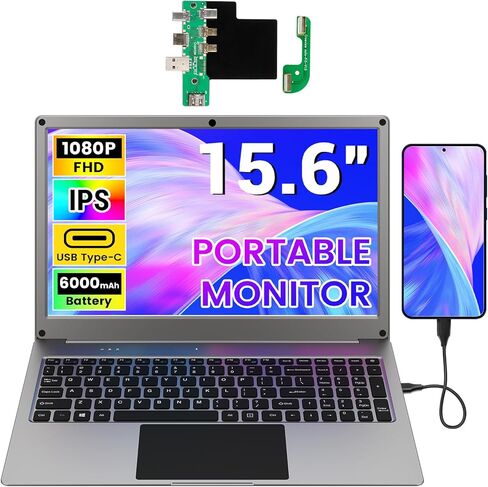شاشة محمولة مع لوحة مفاتيح، شاشة لابدوك 15.6 بوصة مع بطارية مدمجة 6000 مللي أمبير في الساعة، شاشات CrowView Note 1080P FHD USB C مع محولات RPi5 متوافقة مع RPi5، الكمبيوتر الشخصي، الهاتف، Mac، وحدة التحكم في الألعاب in Kuwait