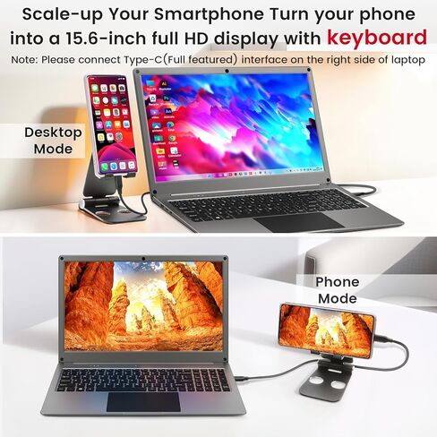 شاشة محمولة مع لوحة مفاتيح، شاشة لابدوك 15.6 بوصة مع بطارية مدمجة 6000 مللي أمبير في الساعة، شاشات CrowView Note 1080P FHD USB C مع محولات RPi5 متوافقة مع RPi5، الكمبيوتر الشخصي، الهاتف، Mac، وحدة التحكم في الألعاب in Kuwait