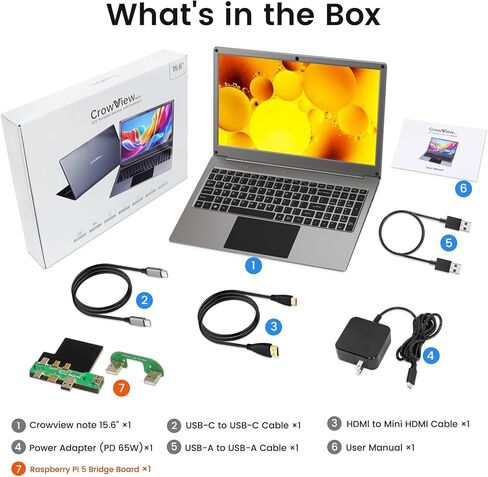 شاشة محمولة مع لوحة مفاتيح، شاشة لابدوك 15.6 بوصة مع بطارية مدمجة 6000 مللي أمبير في الساعة، شاشات CrowView Note 1080P FHD USB C مع محولات RPi5 متوافقة مع RPi5، الكمبيوتر الشخصي، الهاتف، Mac، وحدة التحكم في الألعاب in Kuwait