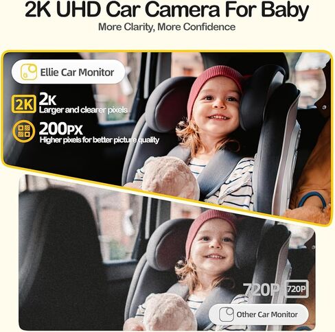 شاشة سيارة Ellie Baby، شاشة المقعد الخلفي 2K UHD مع رؤية ليلية ملونة، تتبع الوجه، شاشة مزدوجة لطفلين، كاميرا أطفال واسعة الرؤية للسيارة، التقاط فيديو ذكي والتحكم في التطبيق in Kuwait