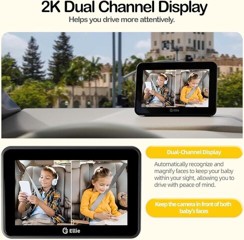 شاشة سيارة Ellie Baby، شاشة المقعد الخلفي 2K UHD مع رؤية ليلية ملونة، تتبع الوجه، شاشة مزدوجة لطفلين، كاميرا أطفال واسعة الرؤية للسيارة، التقاط فيديو ذكي والتحكم في التطبيق in Kuwait