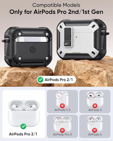 حافظة MoKo لـ AirPods Pro 2 مع قفل - متوافقة مع MagSafe وحامل الهاتف والفتح التلقائي لحافظة AirPods Pro الجيل الثاني/الأول، غطاء واقٍ من الدرجة العسكرية مع مجموعة منظف، أبيض + أسود in Kuwait