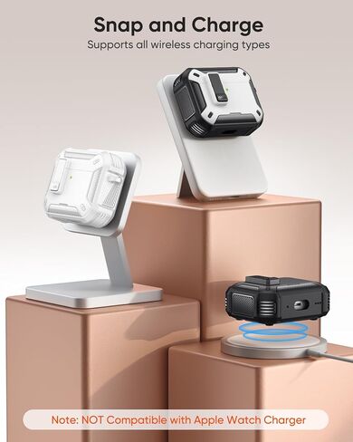 حافظة MoKo لـ AirPods Pro 2 مع قفل - متوافقة مع MagSafe وحامل الهاتف والفتح التلقائي لحافظة AirPods Pro الجيل الثاني/الأول، غطاء واقٍ من الدرجة العسكرية مع مجموعة منظف، أبيض + أسود in Kuwait