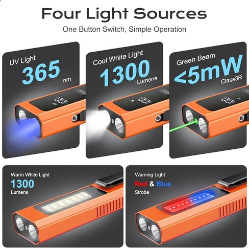 EDC Flashlight 4 in 1 Pocket Magnetic Slim Flat Flashlight High Lumens Work Light with Green Beam & UV Light & Warning Light Combo EDC Rechargeable LT-010 (Orange Color) in Saudi Arabia