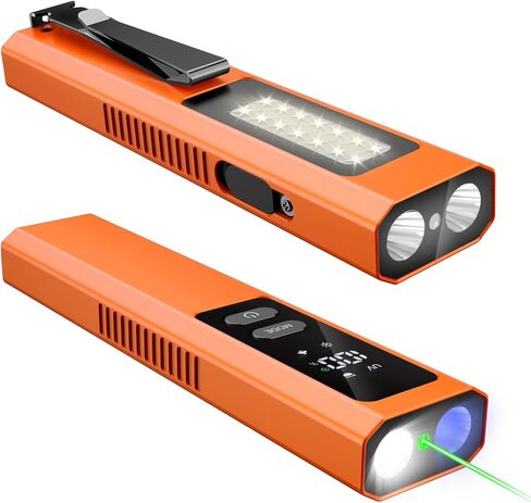 EDC Flashlight 4 in 1 Pocket Magnetic Slim Flat Flashlight High Lumens Work Light with Green Beam & UV Light & Warning Light Combo EDC Rechargeable LT-010 (Orange Color) in Saudi Arabia