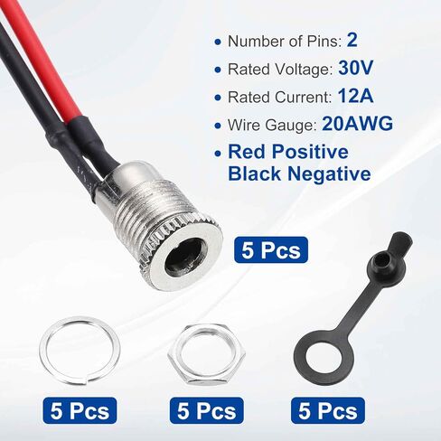 MECCANIXITY 5pcs DC-099 DC مقبس سلك الطاقة، 30V 12A 5.5x2.5mm 2Pin لوحة تركيب مقبس موصل مع غطاء مقاوم للماء لغسالة الجوز، أسلاك ملحومة مسبقًا للأجهزة الإلكترونية، 100 مم in Kuwait