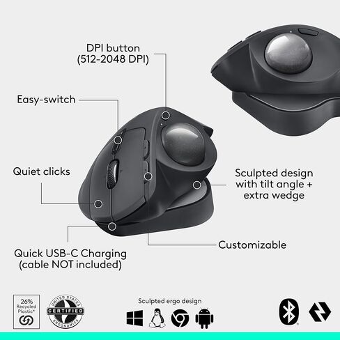 Logitech MX Ergo S Advanced Wireless Trackball Mouse, USB-C Rechargeable Wireless Ergonomic Mouse with Bluetooth and Encrypted Dongle, 6 Programmable Buttons, for PC/Mac in Saudi Arabia