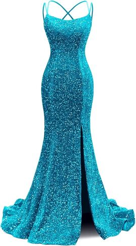 Sequin Prom Dresses for Women 2025 Mermaid Sparkly Spaghetti Backless Formal Evening Party Gowns with Slit in Kuwait