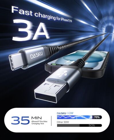 كابل USB C شحن سريع 3A [عبوة من قطعتين بطول 6 أقدام]، كابل USB A إلى USB C، سلك شاحن USB مضفر متين للغاية إلى USB C متوافق مع iPhone 17 16 15 Pro Max وSamsung Galaxy S10 وLG والمزيد - أسود in Kuwait