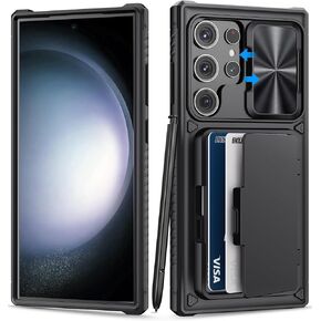 حافظة لهاتف سامسونج جالاكسي S23 الترا مع حامل بطاقات ومسند وواقي كاميرا منزلق، حافظة هاتف من السيليكون المقاوم للصدمات من الدرجة العسكرية لهاتف جالاكسي S23 الترا 5 جي 2023، اسود in Kuwait