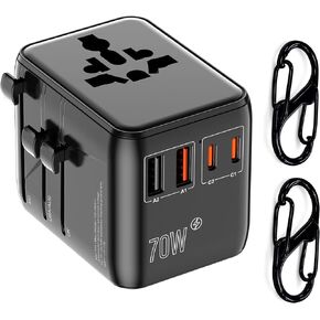 محول السفر الدولي GaN 70W للولايات المتحدة/اليابان والاتحاد الأوروبي والمملكة المتحدة والاتحاد الأفريقي، محور طاقة عالمي 6 في 1 مع 2 USB-C (PD 70W)، 2 USB-A، ومنفذ تيار متردد إضافي للولايات المتحدة، قابس شحن سريع عالمي، مشبكان بسحاب مضاد للسرقة in Kuwait