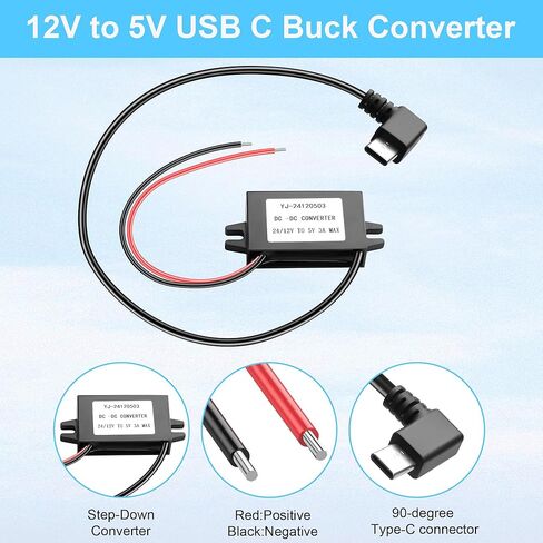 DC 12V/24V to 5V USB C Step Down Converter Power Adapter,3A 15W Type-C Right Angle Buck Module Step Down Voltage Regulator Power Converter Adapter with LCD TV,LED;Interphone(90Degree) in Saudi Arabia