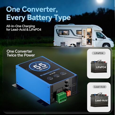RV Power Converter 55Amp, RV Converter 120V AC to 12V DC, Compatible with Lithium and Lead Acid Battery, 3 Stage Smart Battery Charging 13V to 16.5V Adjustable, Easy to Install in Saudi Arabia