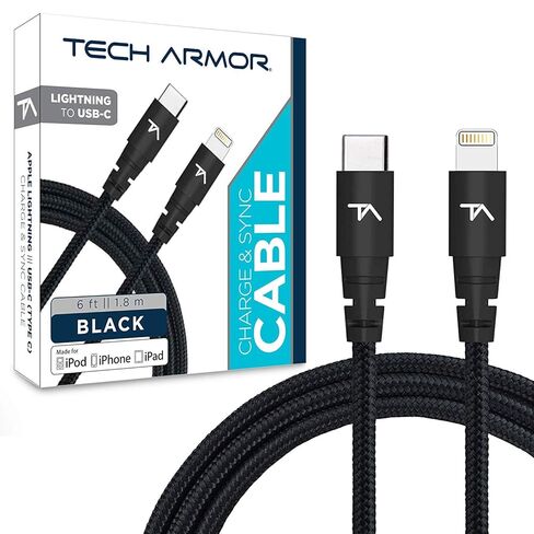 كابل Tech Armor Apple MFi المعتمد بطول 6 أقدام USB C إلى Lightning مزامنة/شحن متوافق مع iPhone وiPad وMacBook وiPod، يدعم الشحن السريع (مع شواحن من النوع C)، أسود [عبوة واحدة] in Saudi Arabia