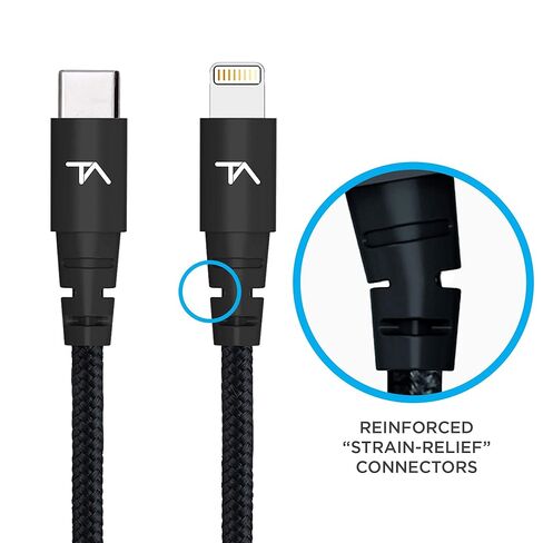كابل Tech Armor Apple MFi المعتمد بطول 6 أقدام USB C إلى Lightning مزامنة/شحن متوافق مع iPhone وiPad وMacBook وiPod، يدعم الشحن السريع (مع شواحن من النوع C)، أسود [عبوة واحدة] in Saudi Arabia