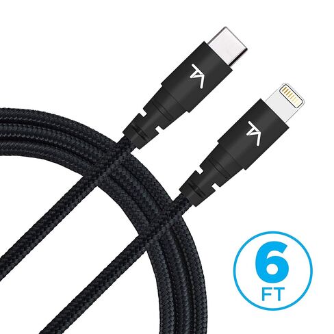 كابل Tech Armor Apple MFi المعتمد بطول 6 أقدام USB C إلى Lightning مزامنة/شحن متوافق مع iPhone وiPad وMacBook وiPod، يدعم الشحن السريع (مع شواحن من النوع C)، أسود [عبوة واحدة] in Saudi Arabia