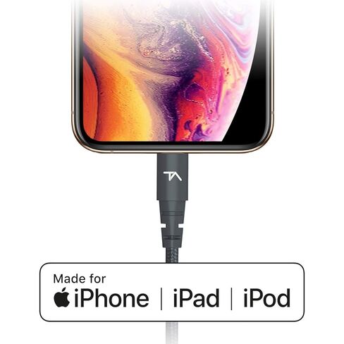 كابل Tech Armor Apple MFi المعتمد بطول 6 أقدام USB C إلى Lightning مزامنة/شحن متوافق مع iPhone وiPad وMacBook وiPod، يدعم الشحن السريع (مع شواحن من النوع C)، أسود [عبوة واحدة] in Saudi Arabia