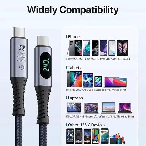 كابل USB C إلى USB C بقدرة 240 واط مع شاشة LED، كابل USB 4.0 من النوع C إلى النوع C للشحن السريع لنقل البيانات مع عرض نقل بيانات فيديو 8K 60 هرتز 40 جيجابت في الثانية متوافق مع الهاتف الذكي Macbook iPad in Kuwait