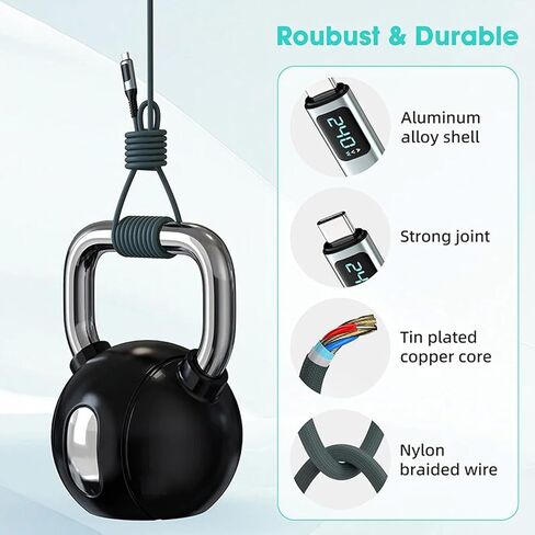 كابل USB C إلى USB C بقدرة 240 واط مع شاشة LED، كابل USB 4.0 من النوع C إلى النوع C للشحن السريع لنقل البيانات مع عرض نقل بيانات فيديو 8K 60 هرتز 40 جيجابت في الثانية متوافق مع الهاتف الذكي Macbook iPad in Kuwait