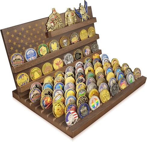 Solid Wood Challenge Coin Display, Military Coin Holder Display with American Flag , 3-Row Thin Blue Line Rack Holds 25-30 Coins,Black in Saudi Arabia