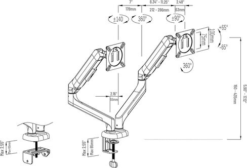 Mind Reader Dual Monitor Gas Spring Desk Mount, Counter-Balance Arm for 13"–32" Monitors, VESA 75x75 / 100x100, ±180° Rotation, ±65° Tilt, ±180° Swivel, 19.8 lb Capacity Each, Cable Management, Black in Saudi Arabia
