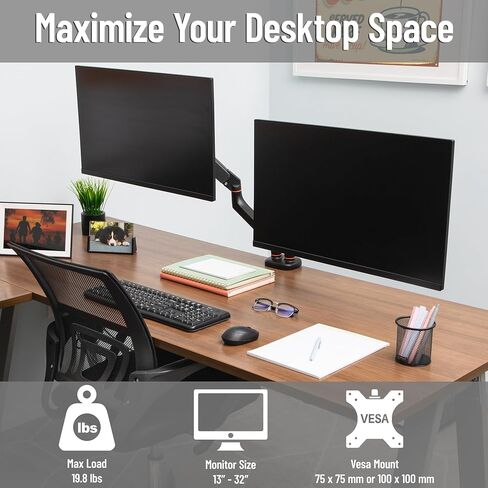 Mind Reader Dual Monitor Gas Spring Desk Mount, Counter-Balance Arm for 13"–32" Monitors, VESA 75x75 / 100x100, ±180° Rotation, ±65° Tilt, ±180° Swivel, 19.8 lb Capacity Each, Cable Management, Black in Saudi Arabia