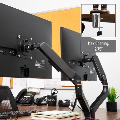Mind Reader Dual Monitor Gas Spring Desk Mount, Counter-Balance Arm for 13"–32" Monitors, VESA 75x75 / 100x100, ±180° Rotation, ±65° Tilt, ±180° Swivel, 19.8 lb Capacity Each, Cable Management, Black in Saudi Arabia