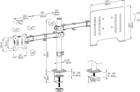 Mind Reader Dual Arm Monitor and Laptop Desk Mount, Adjustable Stand for 17"–32" Screens, VESA 75x75/100x100, 180° Rotation, ±90° Swivel, ±90° Tilt, Black in Saudi Arabia