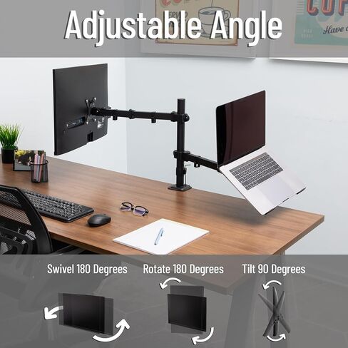 Mind Reader Dual Arm Monitor and Laptop Desk Mount, Adjustable Stand for 17"–32" Screens, VESA 75x75/100x100, 180° Rotation, ±90° Swivel, ±90° Tilt, Black in Saudi Arabia