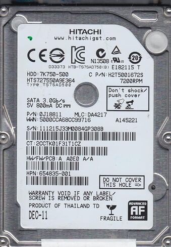 HTS727550A9E364، PN 0J18811، MLC DA4217، محرك الأقراص الصلبة Hitachi 500GB SATA 2.5 (متجدد) in Saudi Arabia