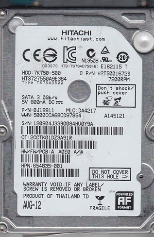 HTS727550A9E364، PN 0J18811، MLC DA4217، محرك الأقراص الصلبة Hitachi 500GB SATA 2.5 (متجدد) in Saudi Arabia