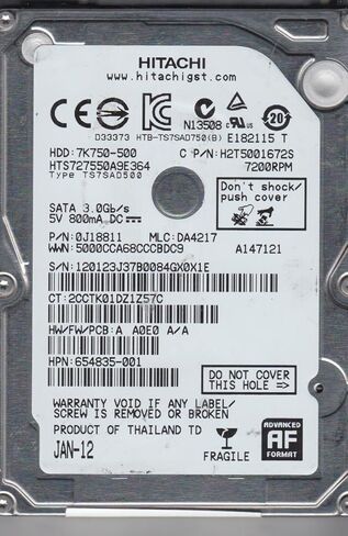 HTS727550A9E364، PN 0J18811، MLC DA4217، محرك الأقراص الصلبة Hitachi 500GB SATA 2.5 (متجدد) in Saudi Arabia