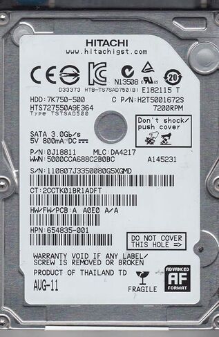HTS727550A9E364، PN 0J18811، MLC DA4217، محرك الأقراص الصلبة Hitachi 500GB SATA 2.5 (متجدد) in Saudi Arabia