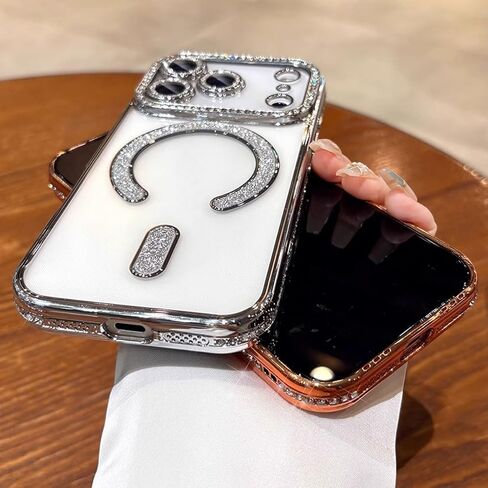 حافظة مغناطيسية لهاتف iPhone 17 Pro Max، [متوافقة مع MagSafe] حافظة نسائية لطيفة لامعة وشفافة ومرصعة بأحجار الراين وغطاء حماية لعدسة الكاميرا مقاس 6.9 بوصة 2025، فضي in Kuwait