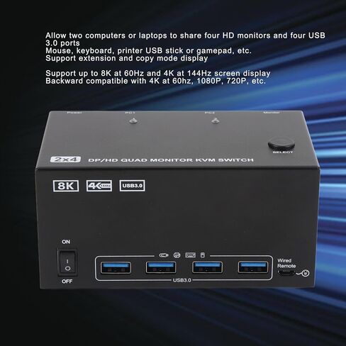 محول GOWENIC KVM، 4 شاشات 2 أجهزة كمبيوتر DisplayPort 8K 60 هرتز 4K 144 هرتز مع 4 منافذ USB 3.0، لأجهزة الكمبيوتر OS X OS Unix (الولايات المتحدة) in Saudi Arabia