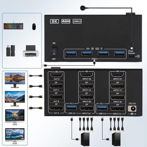 محول GOWENIC KVM، 4 شاشات 2 أجهزة كمبيوتر DisplayPort 8K 60 هرتز 4K 144 هرتز مع 4 منافذ USB 3.0، لأجهزة الكمبيوتر OS X OS Unix (الولايات المتحدة) in Saudi Arabia