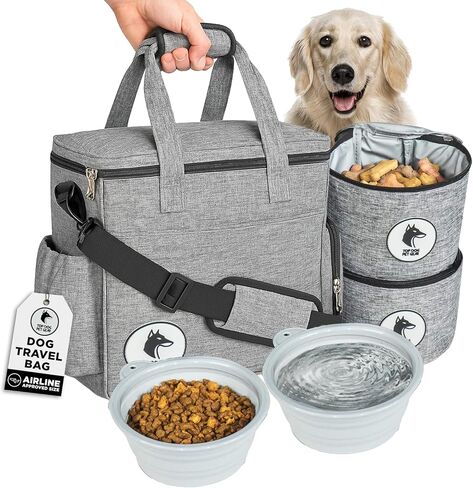 Black Dog Travel Bag for Supplies - Includes Travel Bag, Travel Dog Bowls, Food Storage - Airline Approved Dog Bags for Traveling - Dog Travel Accessories for Camping, Beach in Kuwait