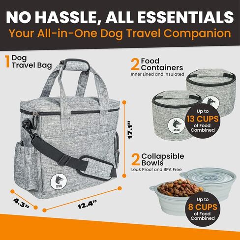 Black Dog Travel Bag for Supplies - Includes Travel Bag, Travel Dog Bowls, Food Storage - Airline Approved Dog Bags for Traveling - Dog Travel Accessories for Camping, Beach in Kuwait