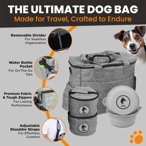 Black Dog Travel Bag for Supplies - Includes Travel Bag, Travel Dog Bowls, Food Storage - Airline Approved Dog Bags for Traveling - Dog Travel Accessories for Camping, Beach in Kuwait