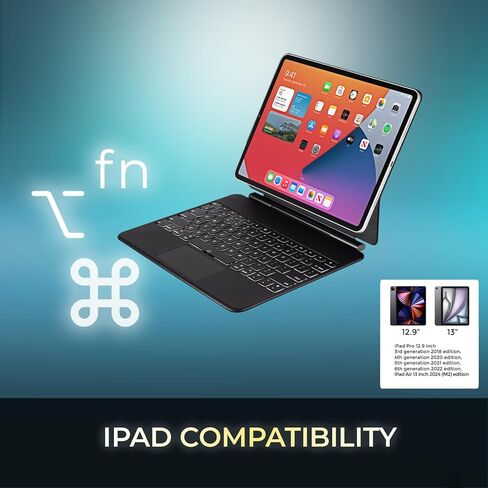 حافظة لوحة مفاتيح بلوتوث Adesso WKB-7020 لجهاز iPad Pro 12.9 بوصة (الجيل الثالث والرابع والخامس والسادس) وiPad Air 13 بوصة (M2/M3)، تصميم ألومنيوم نحيف للغاية مع غطاء مغناطيسي، ومفاتيح تبديل مقصية in Kuwait