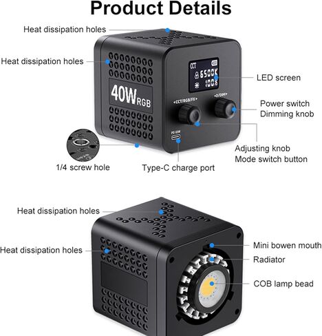 Yoidesu 40W RGB LED Video Light، مصباح تصوير COB محمول مع درجة حرارة لون قابلة للتعديل، فيديو بطارية 3400 مللي أمبير في الساعة لمدونة الفيديو والبث المباشر واستوديو الصور in Saudi Arabia