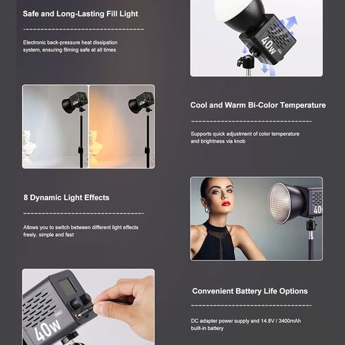 Yoidesu VLOGLITE P40C 40W LED Video Light, Portable COB Photography Light with Adjustable Color Temperature 2500K-6500K, High CRI 95+ for Video and Studio in Saudi Arabia
